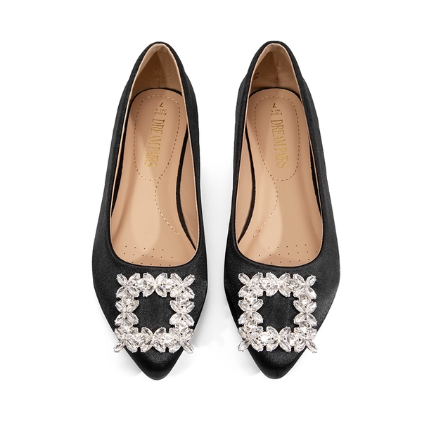 Rhinestone Square Buckle Flats - BLACK-SATIN - 5